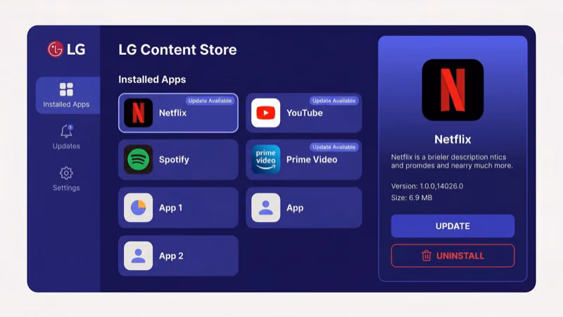 LG Content Store browse screen displaying streaming app categories and search bar