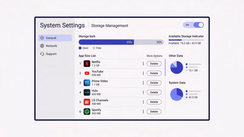 LG webOS storage settings screen showing app sizes and available internal storage space