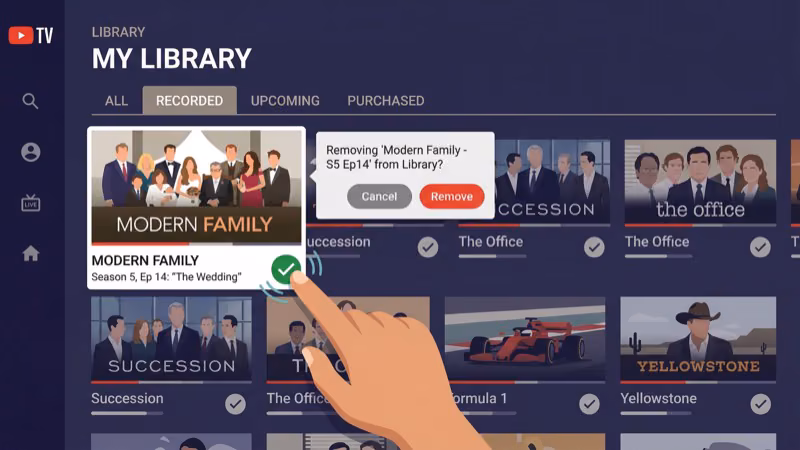 YouTube TV library showing filled checkmark icon to cancel upcoming recordings