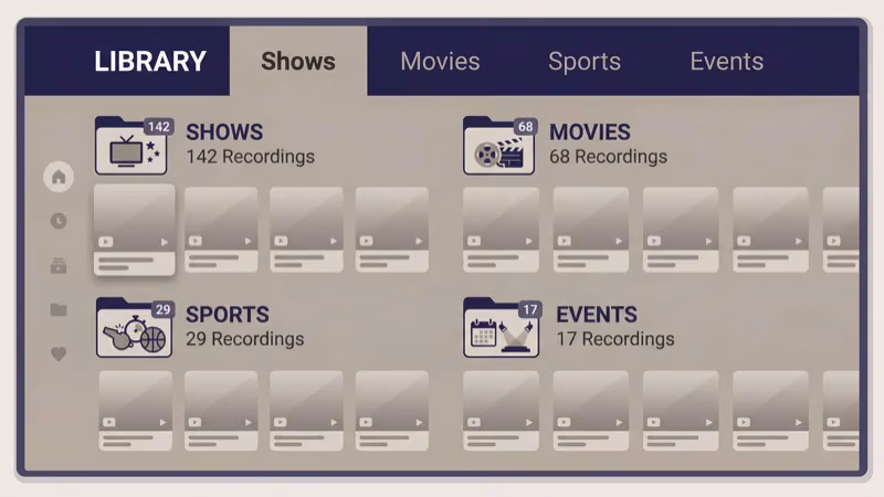 YouTube TV library organized by New and Last Watched filters with multiple profiles