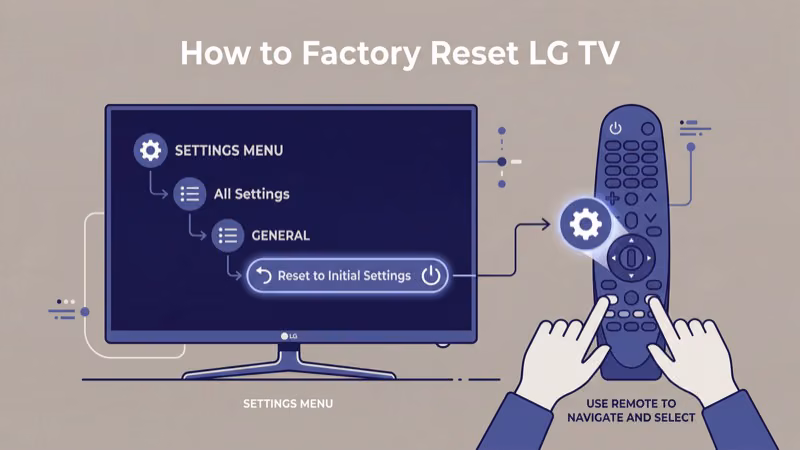 LG TV remote navigating to Reset to Initial Settings in General menu