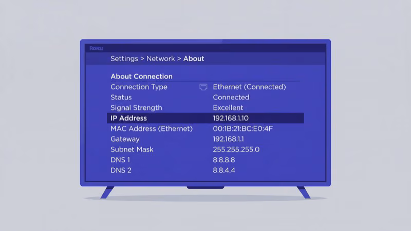 Roku Settings Network About screen displaying the device IP address