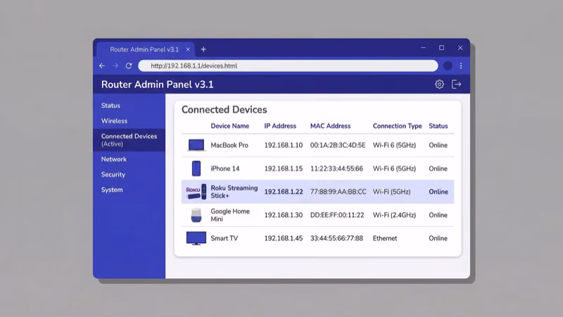 Router admin panel connected devices list showing Roku device with assigned IP address
