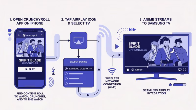 iPhone using AirPlay to cast Crunchyroll anime to Samsung TV wirelessly