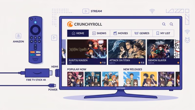 Amazon Fire TV Stick plugged into Samsung TV HDMI port for Crunchyroll streaming