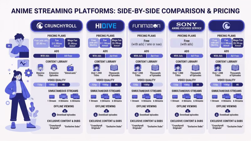 Side-by-side comparison of Fire TV Stick, Google TV Streamer, and Roku for Crunchyroll streaming