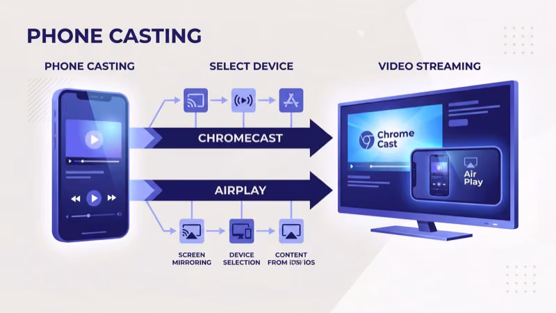 Phone casting Tubi to a smart TV using AirPlay 2 and Google Cast streaming options