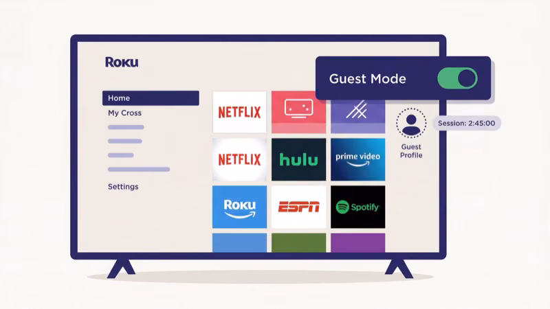 Roku TV Guest Mode settings screen with auto sign-out timer set to 4 hours
