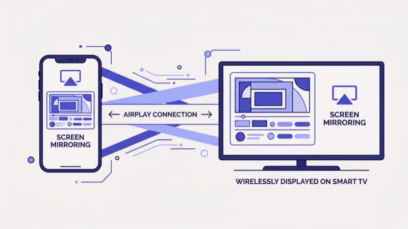 iPhone Control Center showing Screen Mirroring connected to a Samsung smart TV