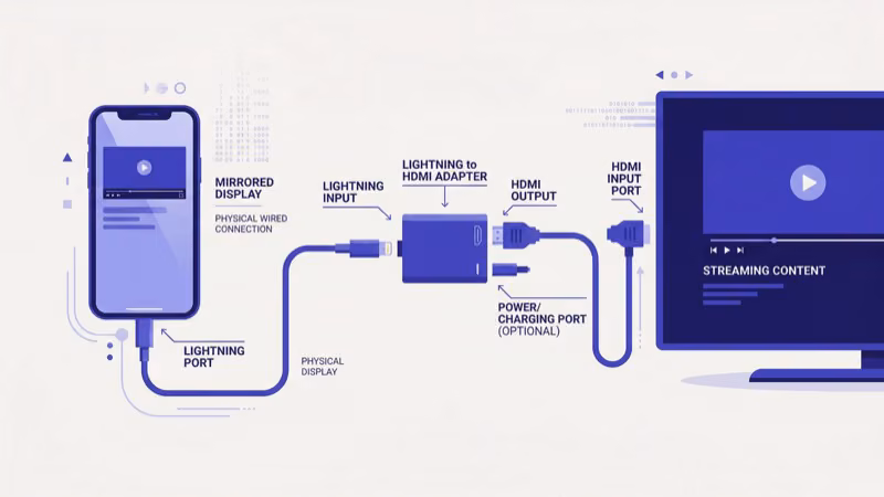 Lightning to HDMI adapter connecting an iPhone to a TV with cable