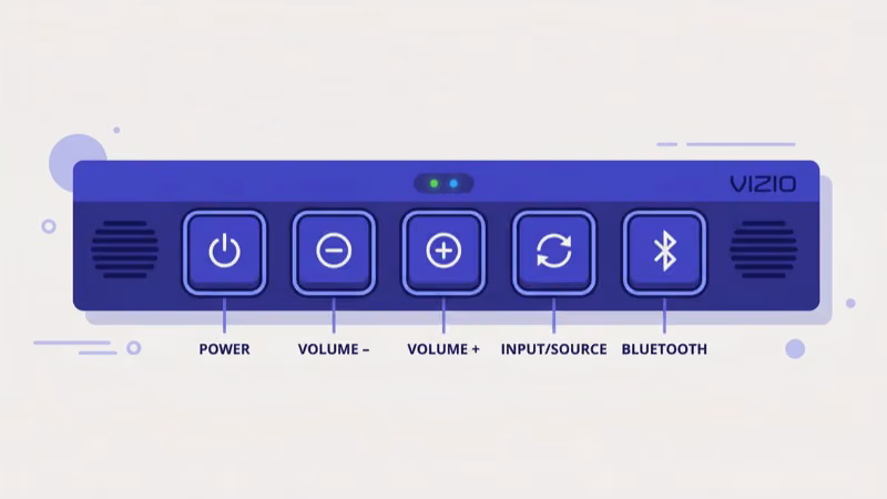 Close-up of Vizio sound bar physical buttons showing Bluetooth and Volume Down locations