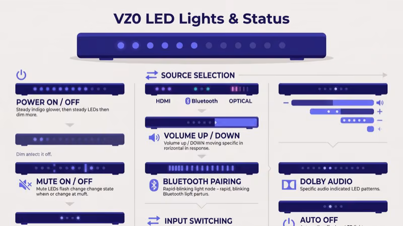 Vizio sound bar front panel LED indicators flashing three times to confirm successful factory reset