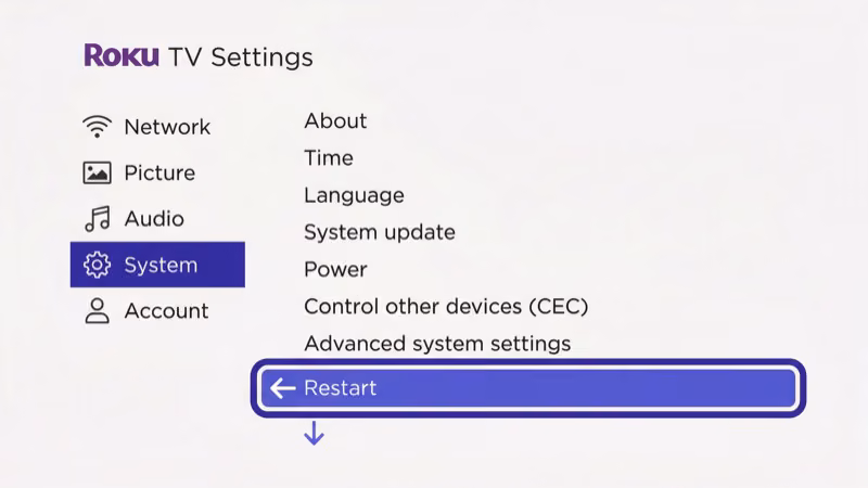 Roku TV Settings menu showing System Restart option for rebooting