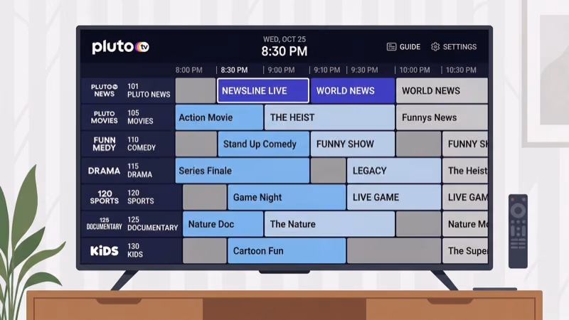 Pluto TV channel guide grid showing live programming schedule by time slot