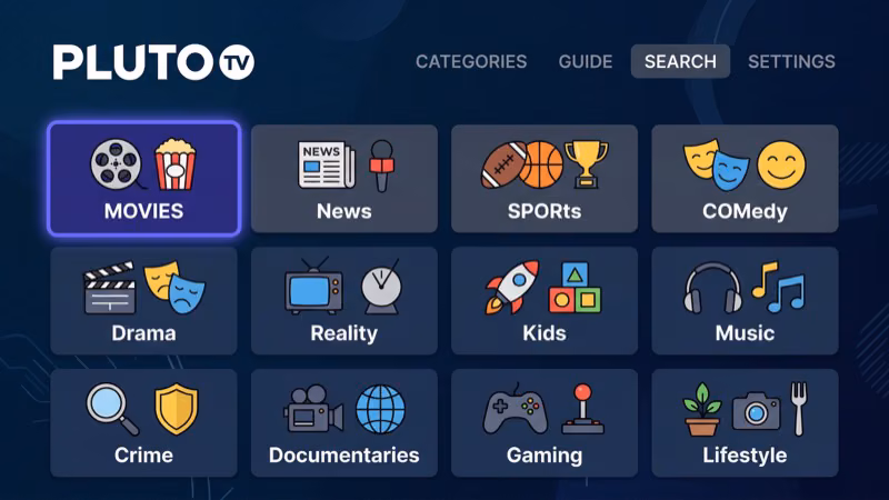Pluto TV genre filter tabs displaying categories like Action Comedy and Horror