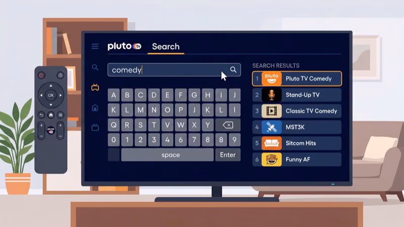 Pluto TV search interface showing keyword results on a streaming device