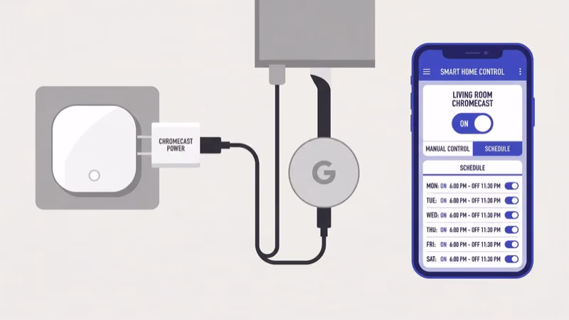 Smart plug connected between wall outlet and Chromecast power adapter setup