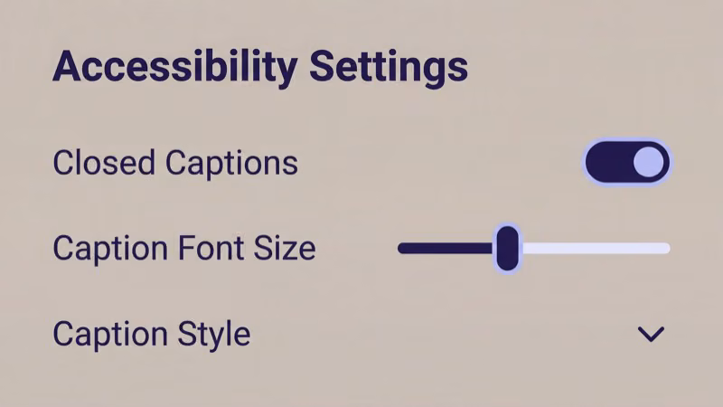 Smart TV accessibility settings menu for closed caption configuration