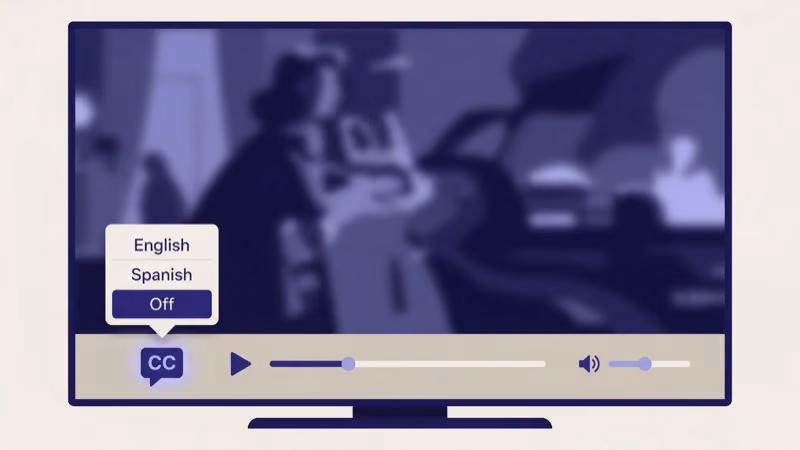 Peacock video player controls with subtitle caption button highlighted