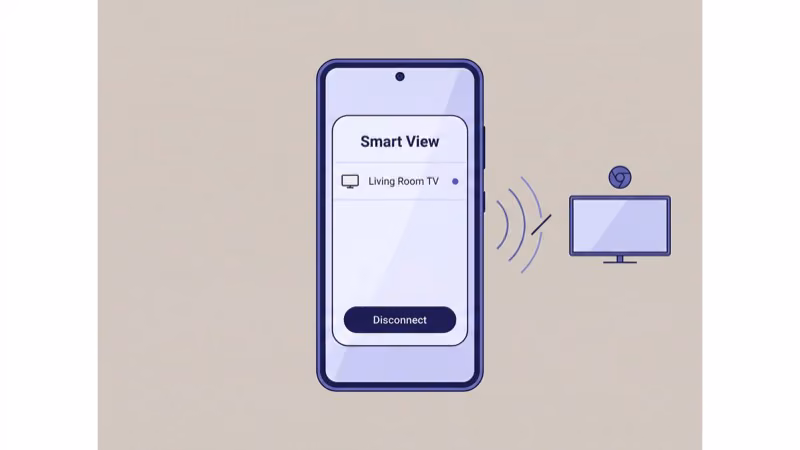 Android Quick Settings tile with Smart View highlighted and a Disconnect button visible