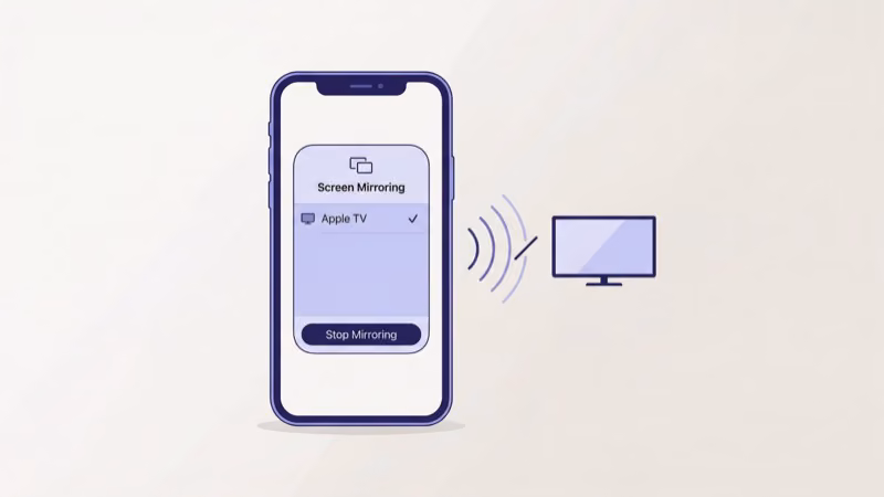 iPhone Control Center showing the Stop Mirroring button inside the Screen Mirroring menu