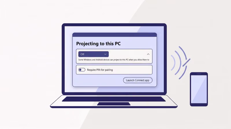 Windows 11 Settings showing System Projecting to this PC dropdown and PIN toggle options