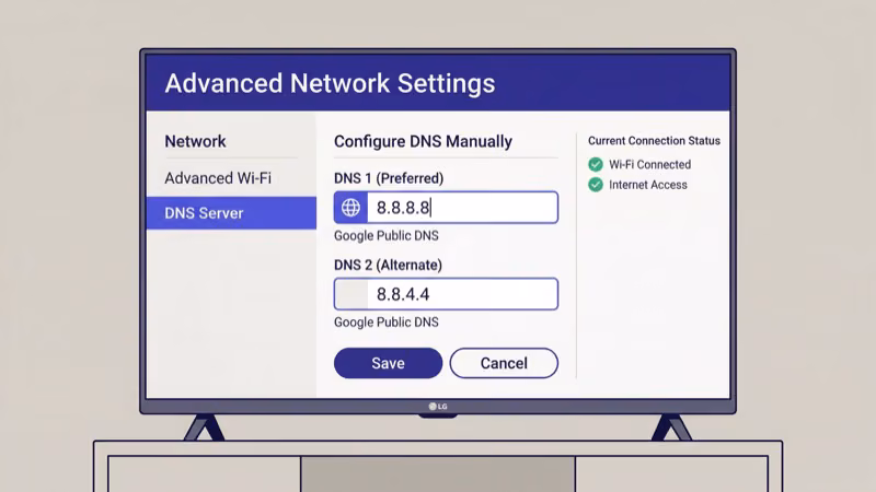 LG TV DNS configuration screen with Google primary and secondary DNS addresses entered