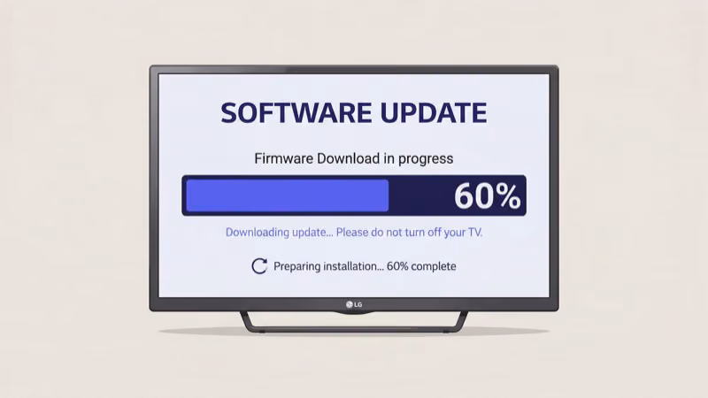 LG TV firmware update screen showing software version check and update installation progress