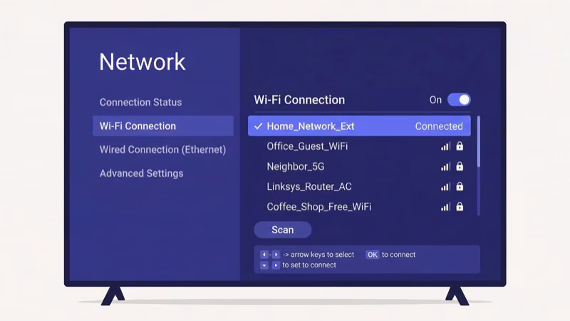 LG TV Settings menu showing Network Wi-Fi Connection option on webOS
