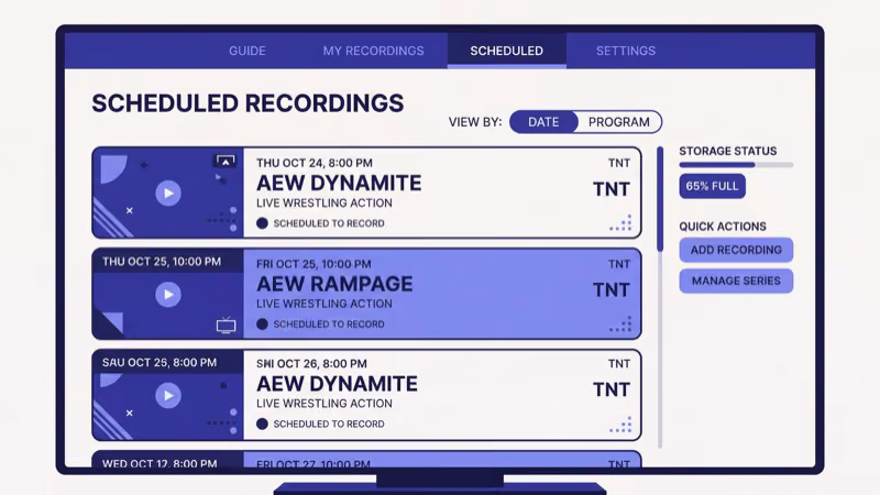 Cloud DVR recording interface showing AEW Dynamite scheduled recordings list