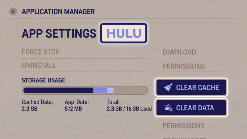 Android settings menu showing Hulu app cache and data clearing options