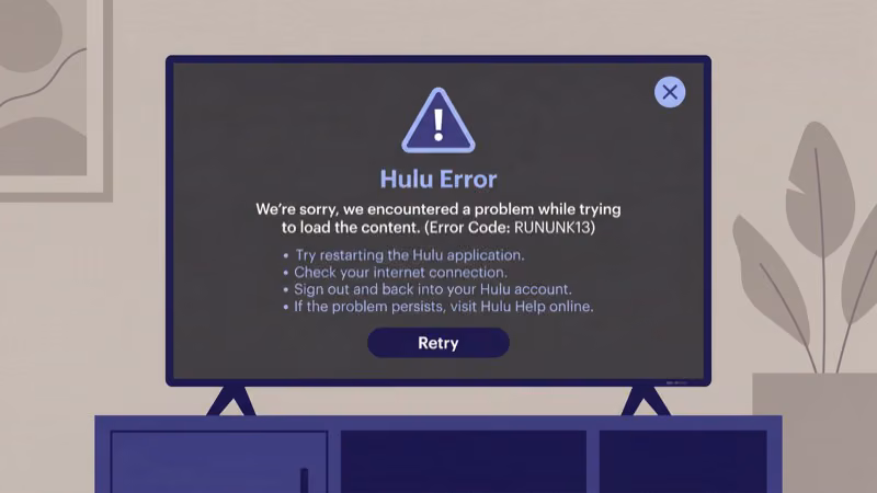 Hulu app displaying error code message on a smart TV screen
