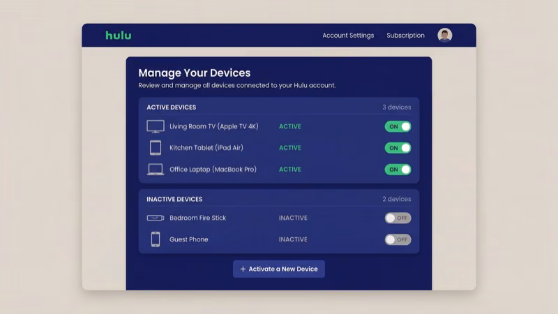 Hulu account devices management page showing remove device option for error 94 reactivation