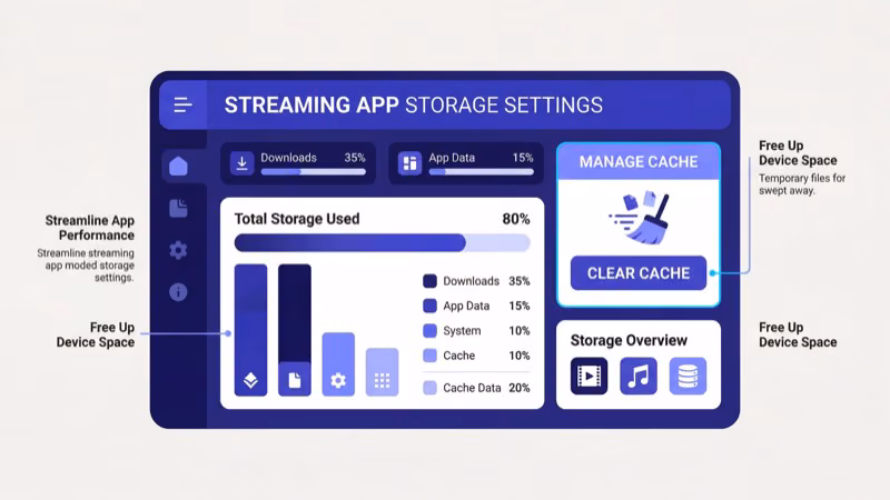 Fire TV Stick settings screen showing Hulu app cache clearing option under Manage Applications