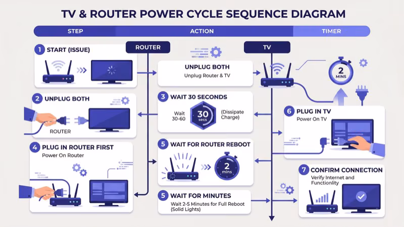 Diagram showing correct order to unplug and restart modem router and streaming device for Hulu