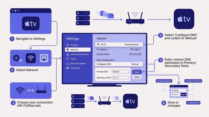 Apple TV network settings screen showing manual DNS configuration to 8.8.8.8