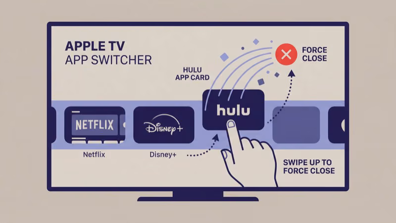 Apple TV app switcher showing Hulu card being swiped up to force close