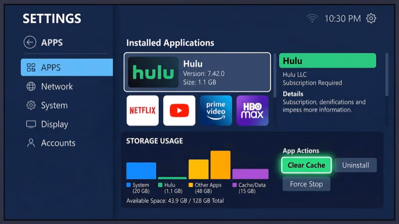 Navigating smart TV settings menu to clear Hulu app cache data