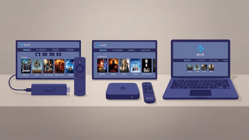 Kodi running on Fire TV Stick Android TV box and laptop