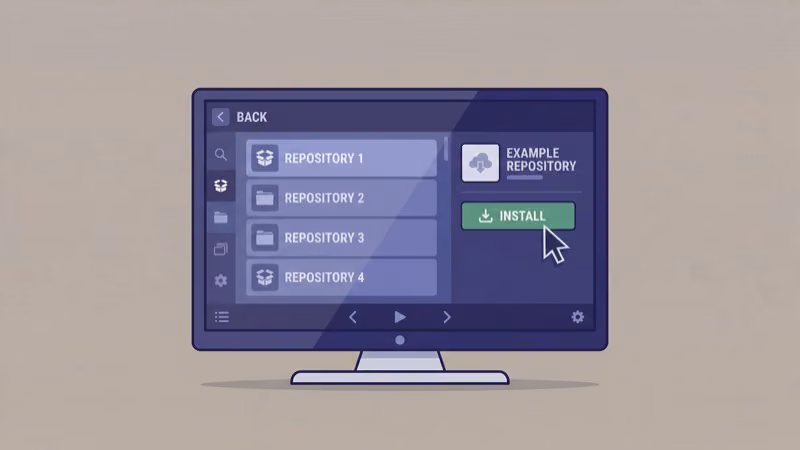 Kodi add-on browser with repository list and install button