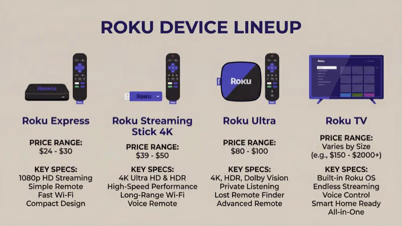 Roku streaming device lineup from Express to Ultra showing ports and remote controls