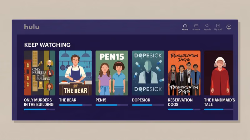 Hulu Keep Watching row on home screen showing in-progress titles and episode progress bars
