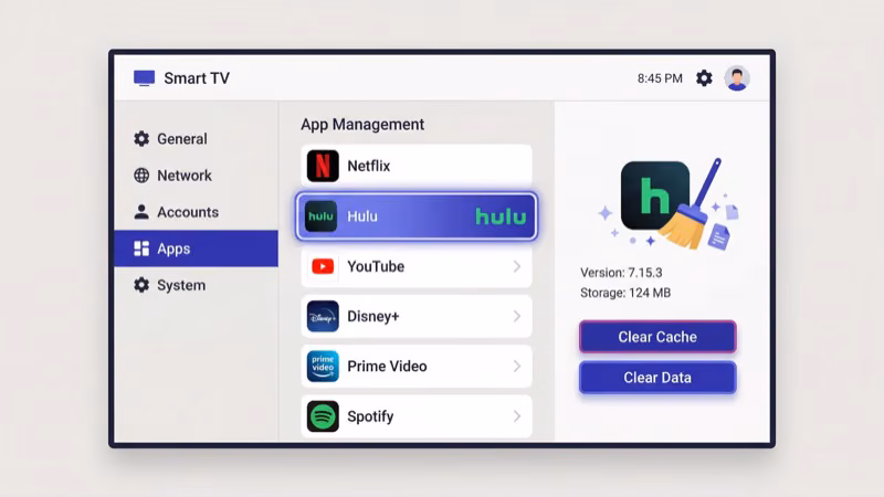 Browser settings showing cookies and cached data clearing options for Hulu login fix
