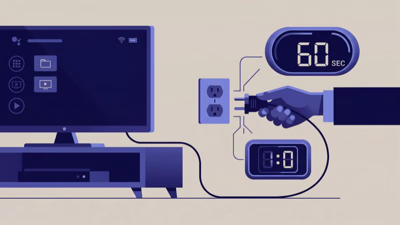 Hand unplugging a TV power cord from wall outlet to perform a full power cycle