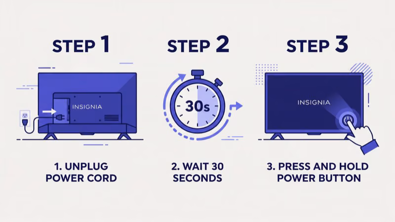 Insignia Fire TV power cord being unplugged from wall outlet for 60-second reset