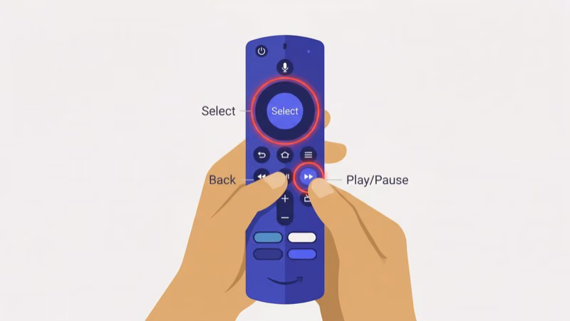 Alexa Voice Remote showing Right and Back buttons held simultaneously to trigger reset