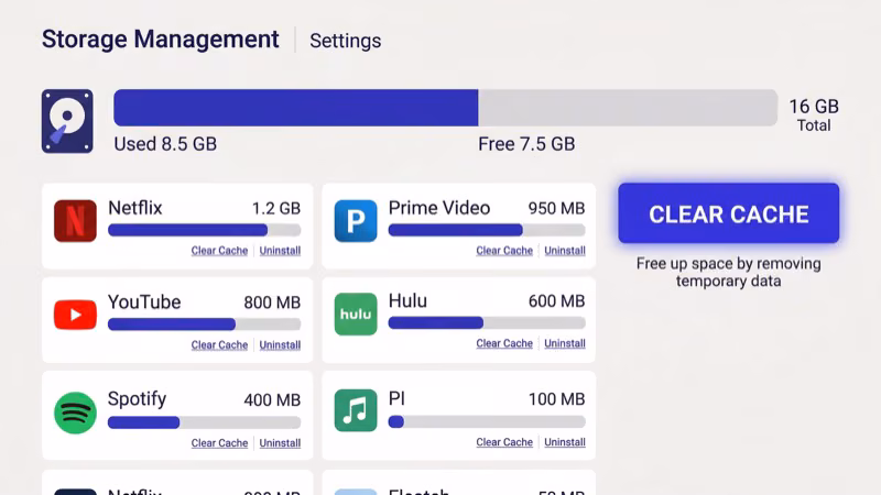 Fire TV Settings storage screen showing app sizes and available space for cache clearing