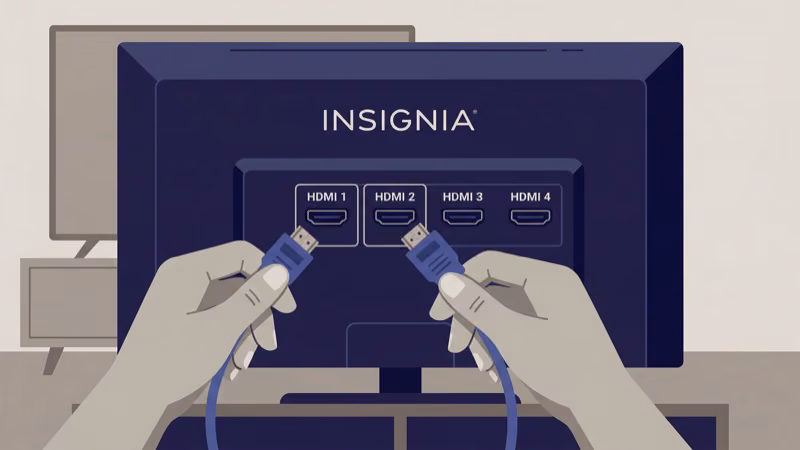HDMI cable being firmly reseated into Insignia TV port to restore video signal connection