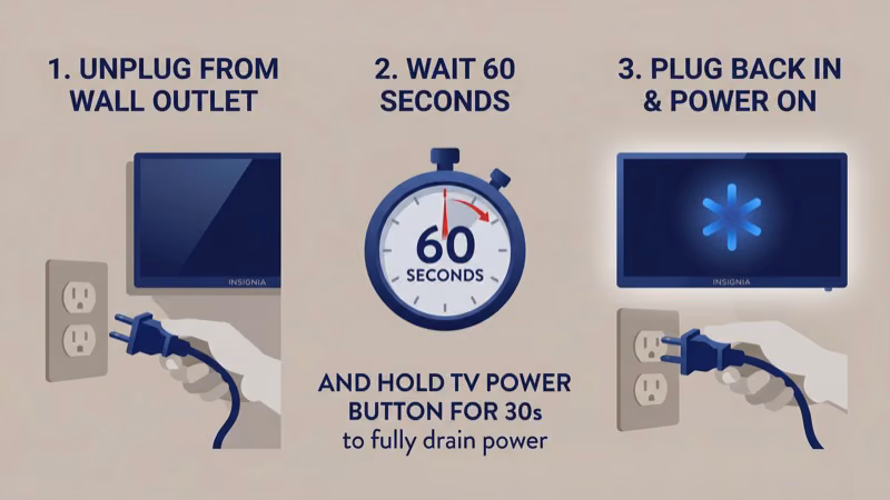 Insignia TV power cord being unplugged from wall outlet during 60-second power cycle reset