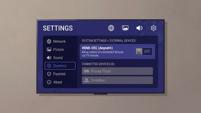 Insignia TV settings menu showing HDMI CEC INlink control toggle being enabled